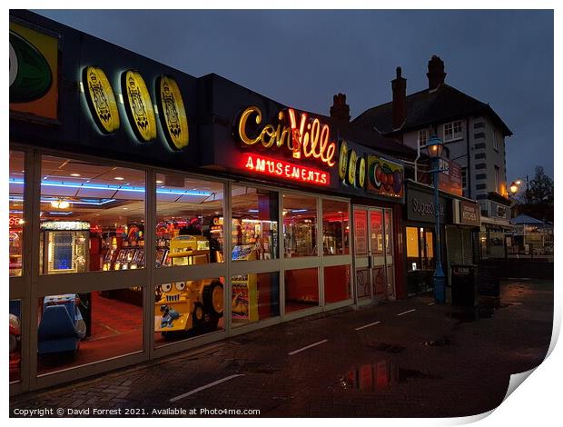 Coinsville Amusements Skegness at night Print by David Forrest