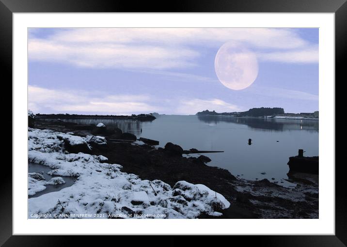 Snowy moonlit evening. Framed Mounted Print by ANN RENFREW