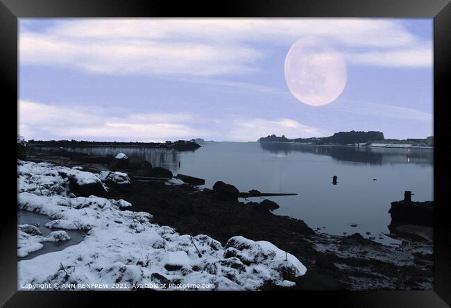 Snowy moonlit evening. Framed Print by ANN RENFREW