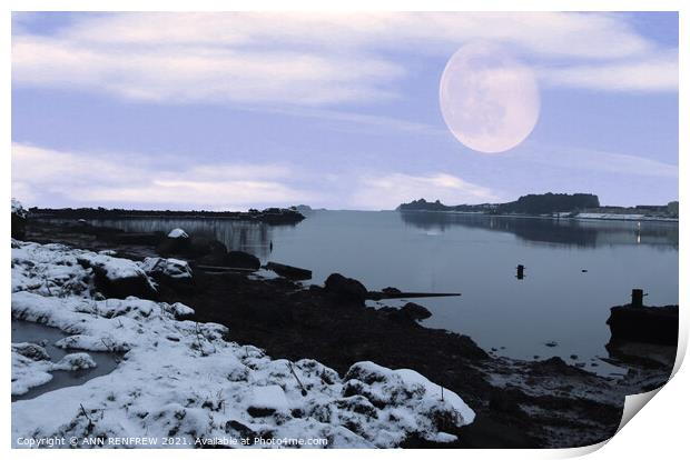 Snowy moonlit evening. Print by ANN RENFREW