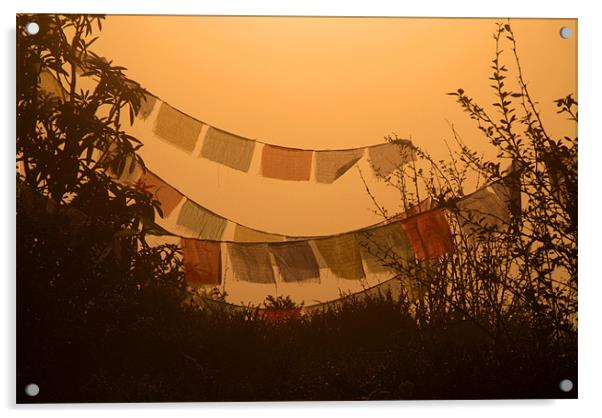 Prayer Flags and Mist Poon Hill Acrylic by Serena Bowles