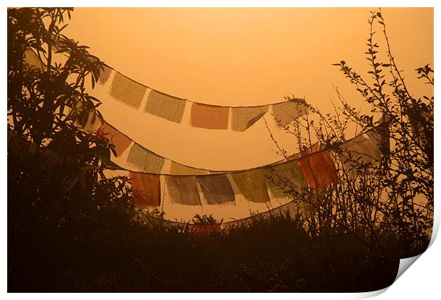 Prayer Flags and Mist Poon Hill Print by Serena Bowles