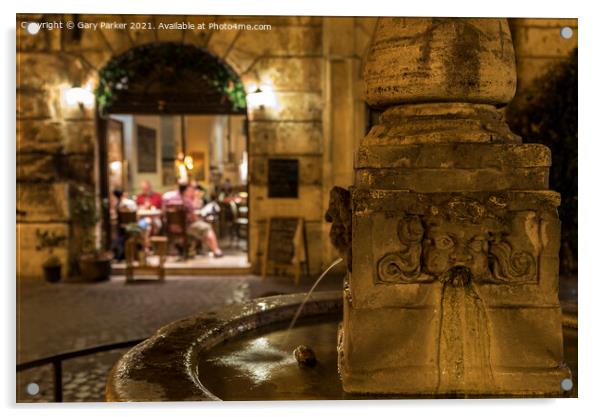 Roman fountain, with a small Trattoria in the background, at night Acrylic by Gary Parker