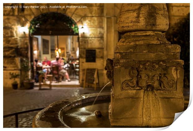 Roman fountain, with a small Trattoria in the background, at night Print by Gary Parker