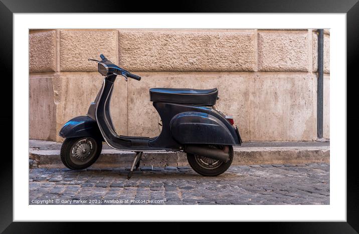 Vintage scooter against old wall in Rome Framed Mounted Print by Gary Parker