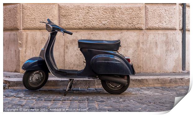 Vintage scooter against old wall in Rome Print by Gary Parker