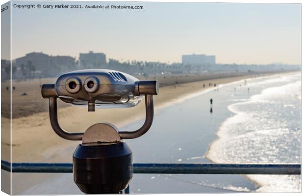 Viewing binoculars overlooking Santa Monica beach in Los Angeles, on a sunny morning Canvas Print by Gary Parker