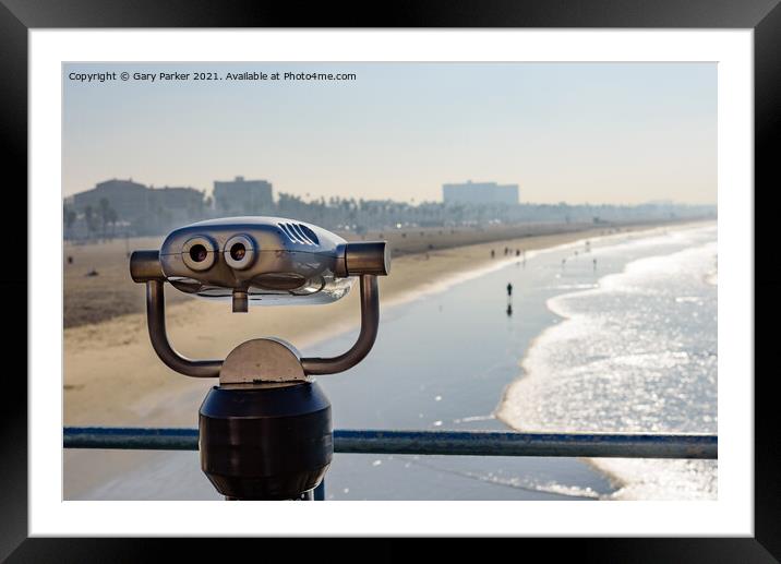Viewing binoculars overlooking Santa Monica beach in Los Angeles, on a sunny morning Framed Mounted Print by Gary Parker
