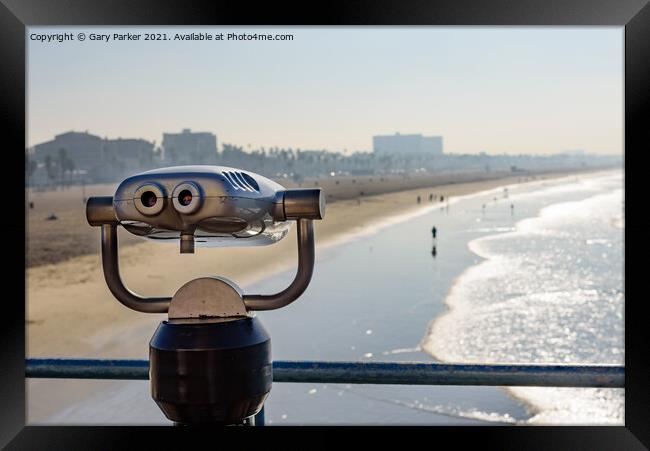 Viewing binoculars overlooking Santa Monica beach in Los Angeles, on a sunny morning Framed Print by Gary Parker