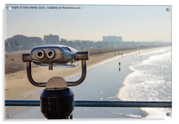 Viewing binoculars overlooking Santa Monica beach in Los Angeles, on a sunny morning Acrylic by Gary Parker