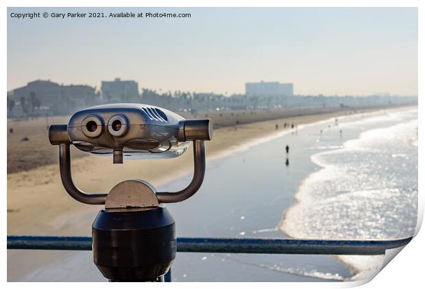 Viewing binoculars overlooking Santa Monica beach in Los Angeles, on a sunny morning Print by Gary Parker
