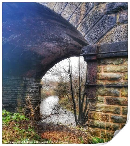 View through the bridge to the river Tame - Ashton under Lyne Print by Sarah Paddison