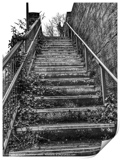 Black and White view up railway steps Print by Sarah Paddison