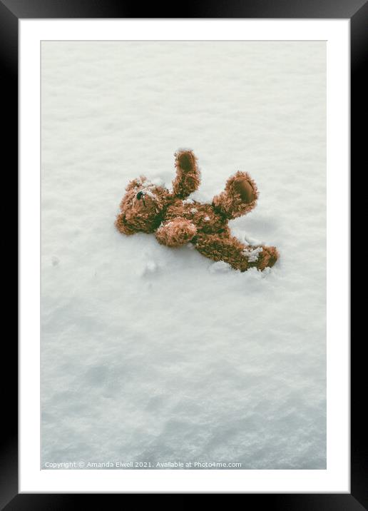 Teddy Bear In Snow Framed Mounted Print by Amanda Elwell