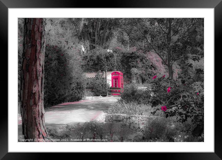 Red telephone box in the botanical gardens Gibralt Framed Mounted Print by Piers Thompson