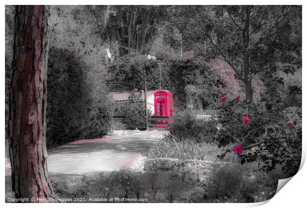 Red telephone box in the botanical gardens Gibralt Print by Piers Thompson