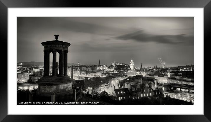 Evening skies over Edinburgh Castle panorama B&W Framed Mounted Print by Phill Thornton