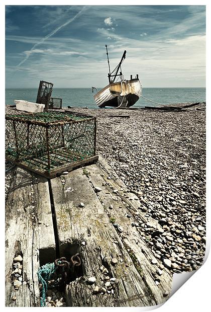 Lobster pot and fishing boat Print by Stephen Mole