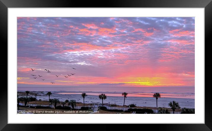 Pink and Yellow Sunrise at Beach Framed Mounted Print by Darryl Brooks