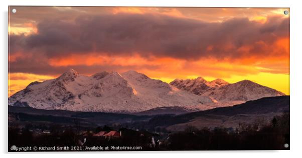 Early February sunset over The Cuillin Hills. Acrylic by Richard Smith