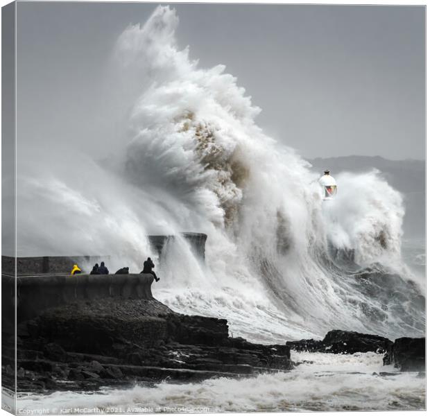 Crashing Sea at Porthcawl Lighthouse Canvas Print by Karl McCarthy