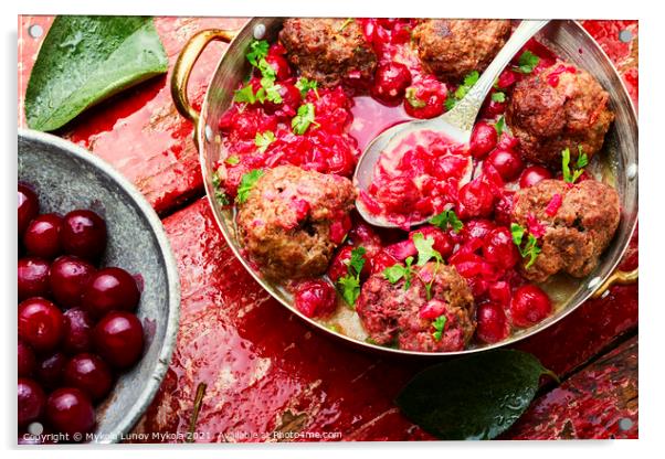 Lamb meatballs in cherry sauce Acrylic by Mykola Lunov Mykola