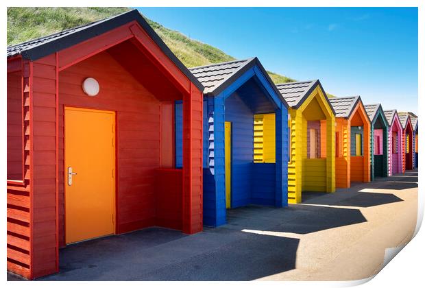 Happy days, Saltburn beach huts colour explosion Print by Jeanette Teare