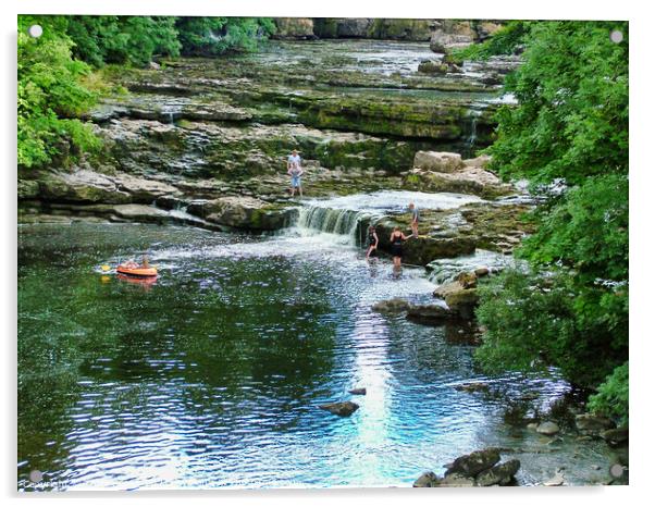 Bathers enjoying the River Ure at Aysgarth Falls Acrylic by Terry Senior