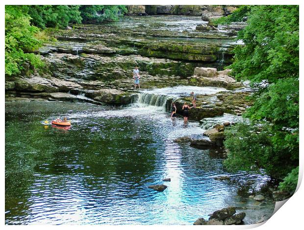Bathers enjoying the River Ure at Aysgarth Falls Print by Terry Senior