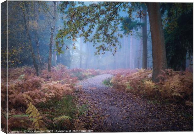 Misty Journey through Drayton Drewery Woods Canvas Print by Rick Bowden