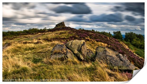 Ashover Rock and moving clouds Print by Chris Drabble