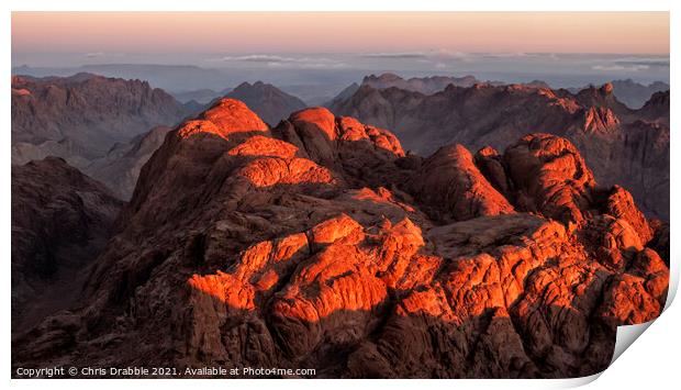 The view from Mount Sinai summit at sunrise Print by Chris Drabble