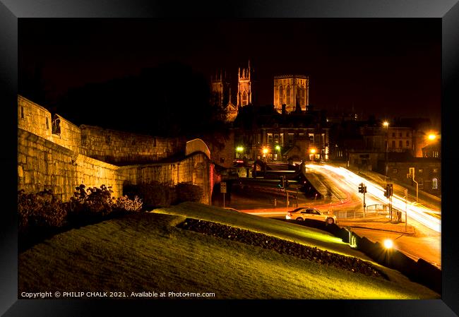 York Minster and bar walls by night. 214 Framed Print by PHILIP CHALK