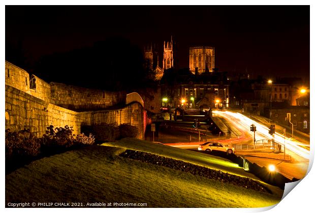 York Minster and bar walls by night. 214 Print by PHILIP CHALK