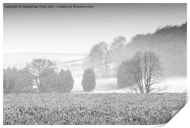 Snow Storm over Marshside fields Print by GadgetGaz Photo