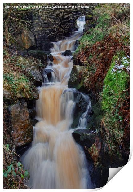 Pennine waterfall at Littleborough, Lancashire. Print by David Birchall