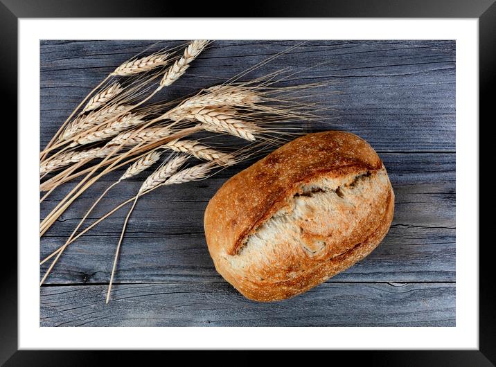 Close up view of homemade sourdough bread with dried wheat stalk Framed Mounted Print by Thomas Baker