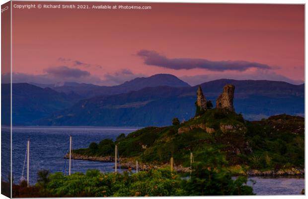 Castle Maol at Kyleakin in the warm colour of a red sunrise. Canvas Print by Richard Smith