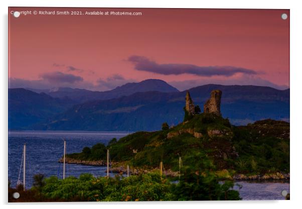 Castle Maol at Kyleakin in the warm colour of a red sunrise. Acrylic by Richard Smith