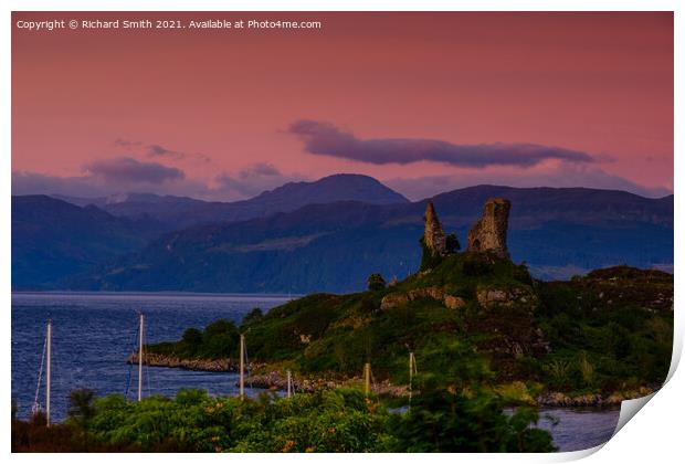 Castle Maol at Kyleakin in the warm colour of a red sunrise. Print by Richard Smith