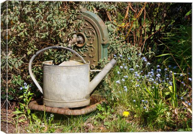 Watering can in zinc on a fountain in cast iron Canvas Print by aurélie le moigne