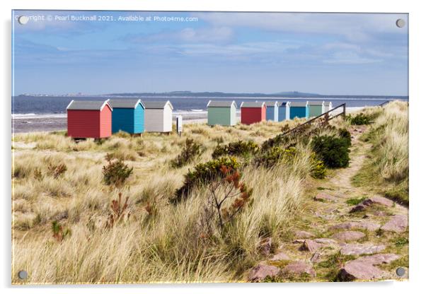 Findhorn Beach Huts Scotland Acrylic by Pearl Bucknall