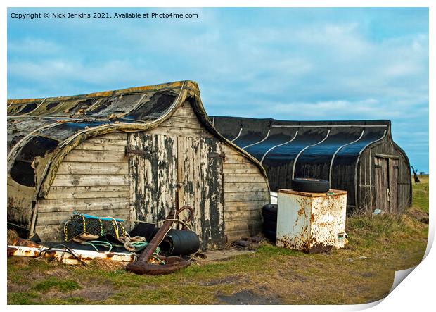 Old Herring Boats now used as sheds on Lindisfarne Print by Nick Jenkins