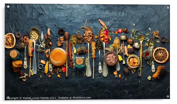 Healing herbs in teaspoons Acrylic by Mykola Lunov Mykola