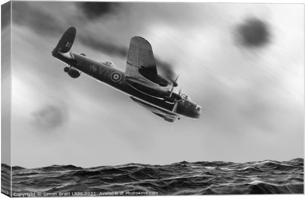 Lancaster bomber crashing into the sea BW Canvas Print by Simon Bratt LRPS