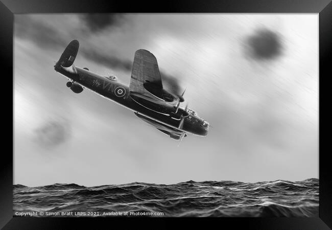 Lancaster bomber crashing into the sea BW Framed Print by Simon Bratt LRPS