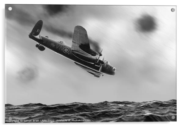 Lancaster bomber crashing into the sea BW Acrylic by Simon Bratt LRPS