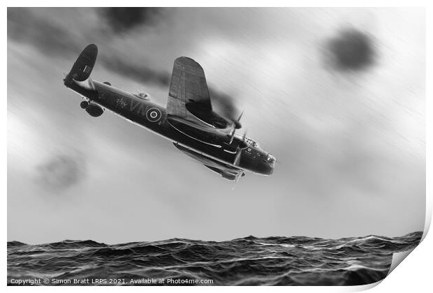 Lancaster bomber crashing into the sea BW Print by Simon Bratt LRPS