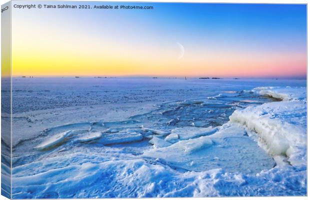 February Crescent Moon over Frozen Sea Canvas Print by Taina Sohlman