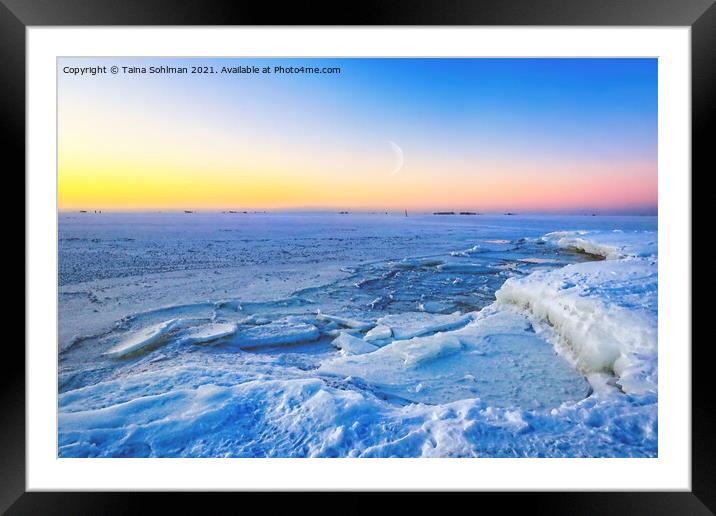 February Crescent Moon over Frozen Sea Framed Mounted Print by Taina Sohlman